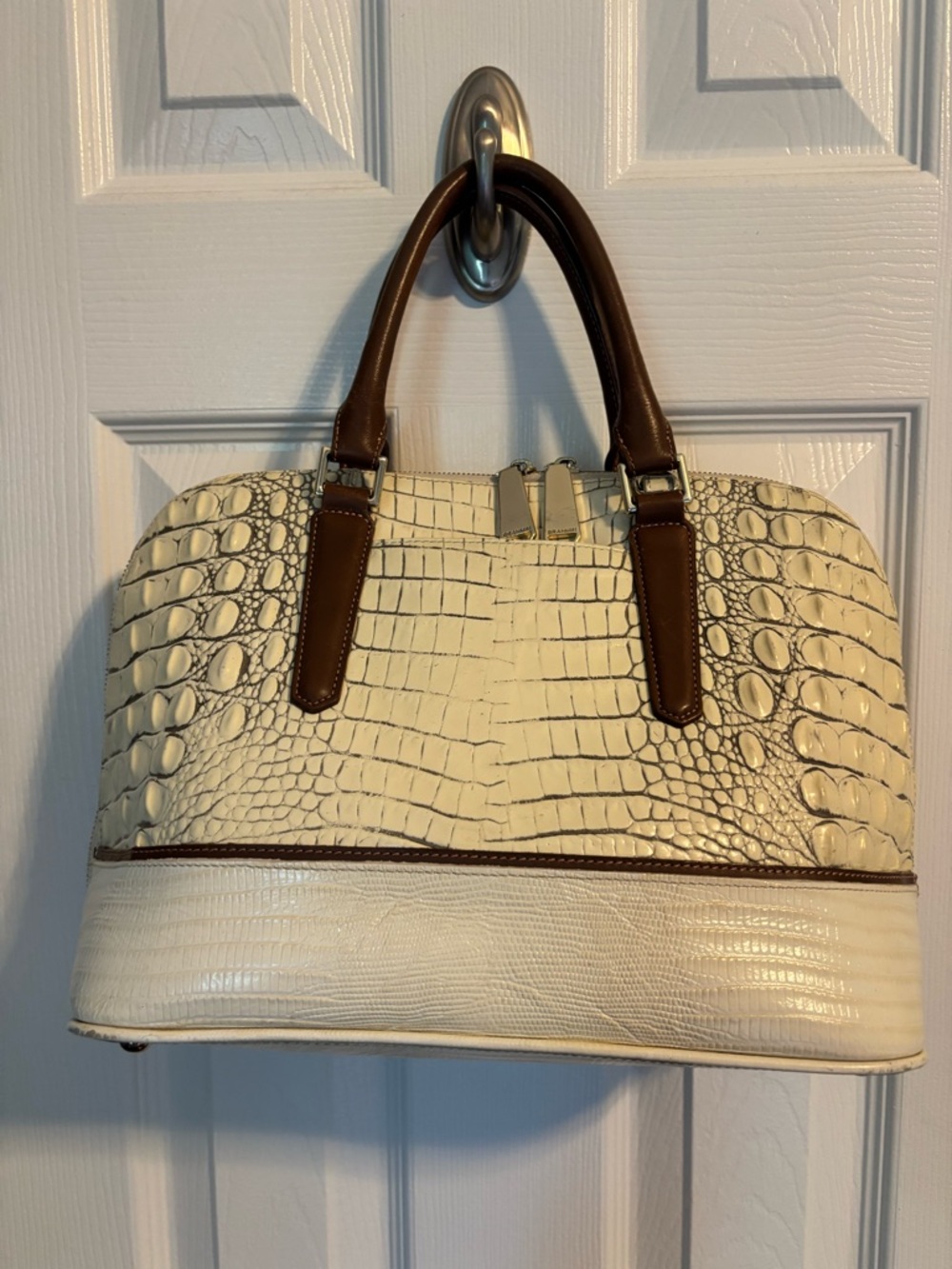 Brahmin Cream Croc-Embossed Satchel with Brown Handles - Picture 2 of 7